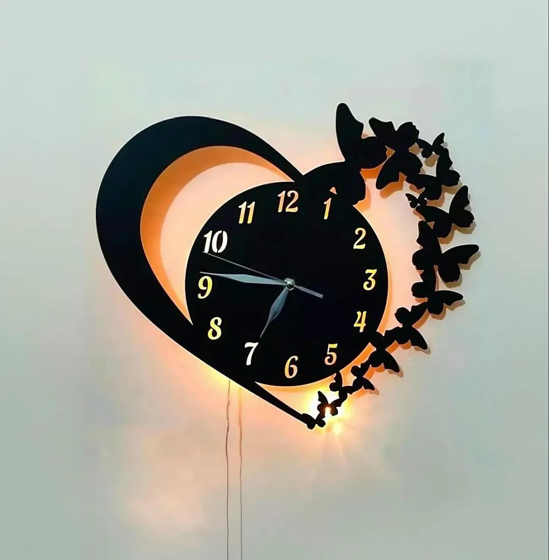 Heart & Butterfly Wall Clock Black Battery Operated