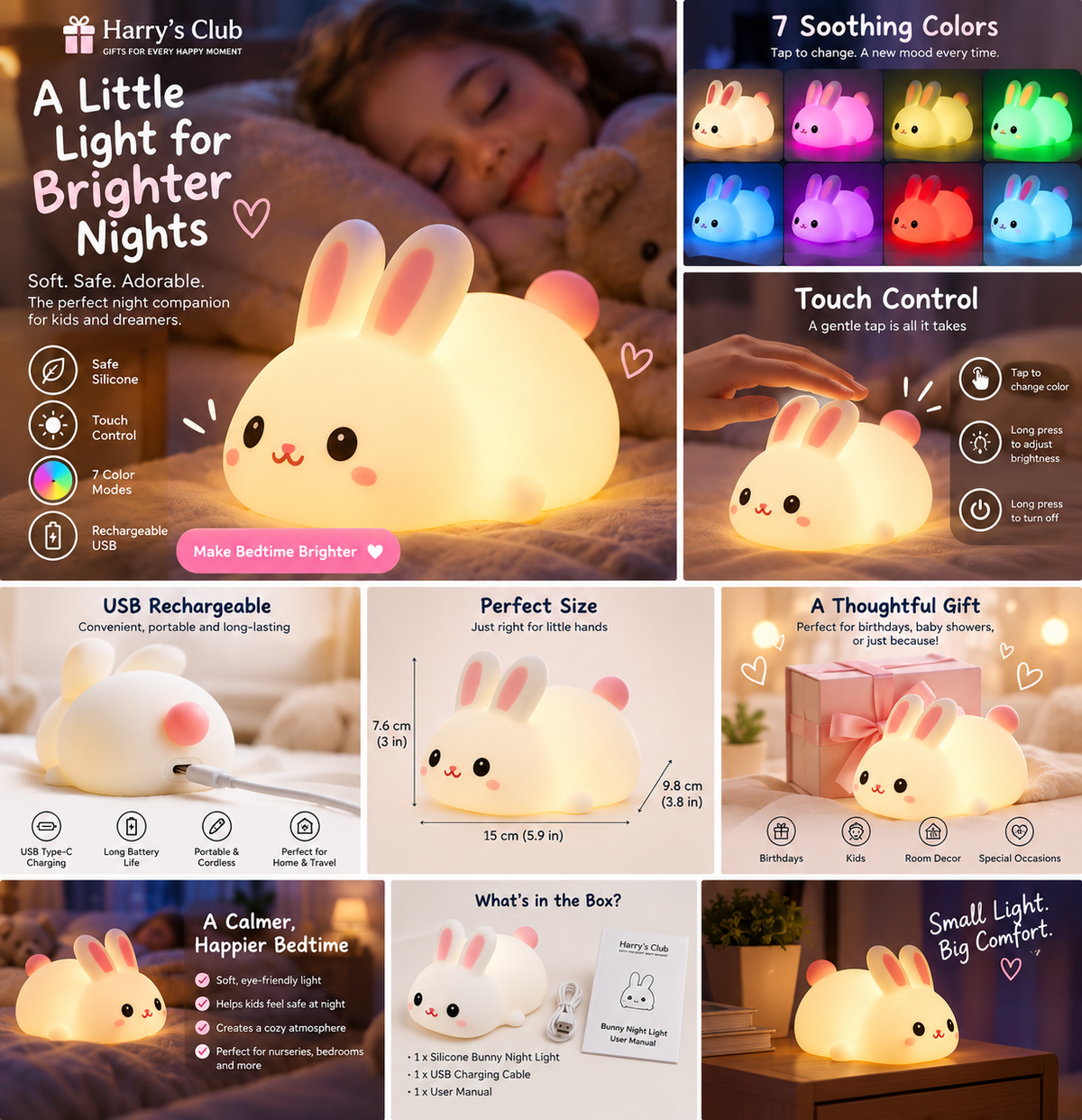 Harry's Club Bunny Night Light lifestyle and feature guide